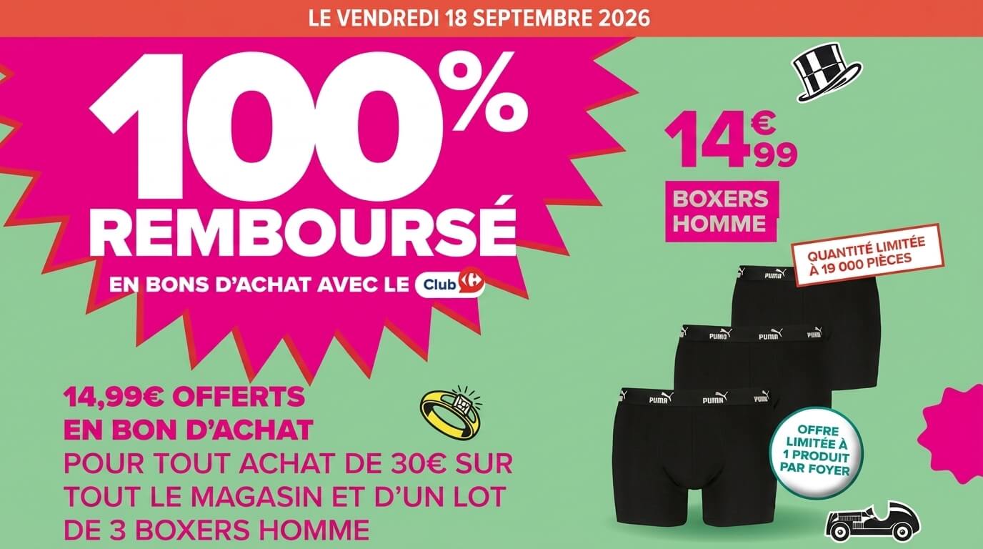 Bon plan: Boxers Puma 100 % remboursés chez Carrefour : l'offre d'un jour à saisir