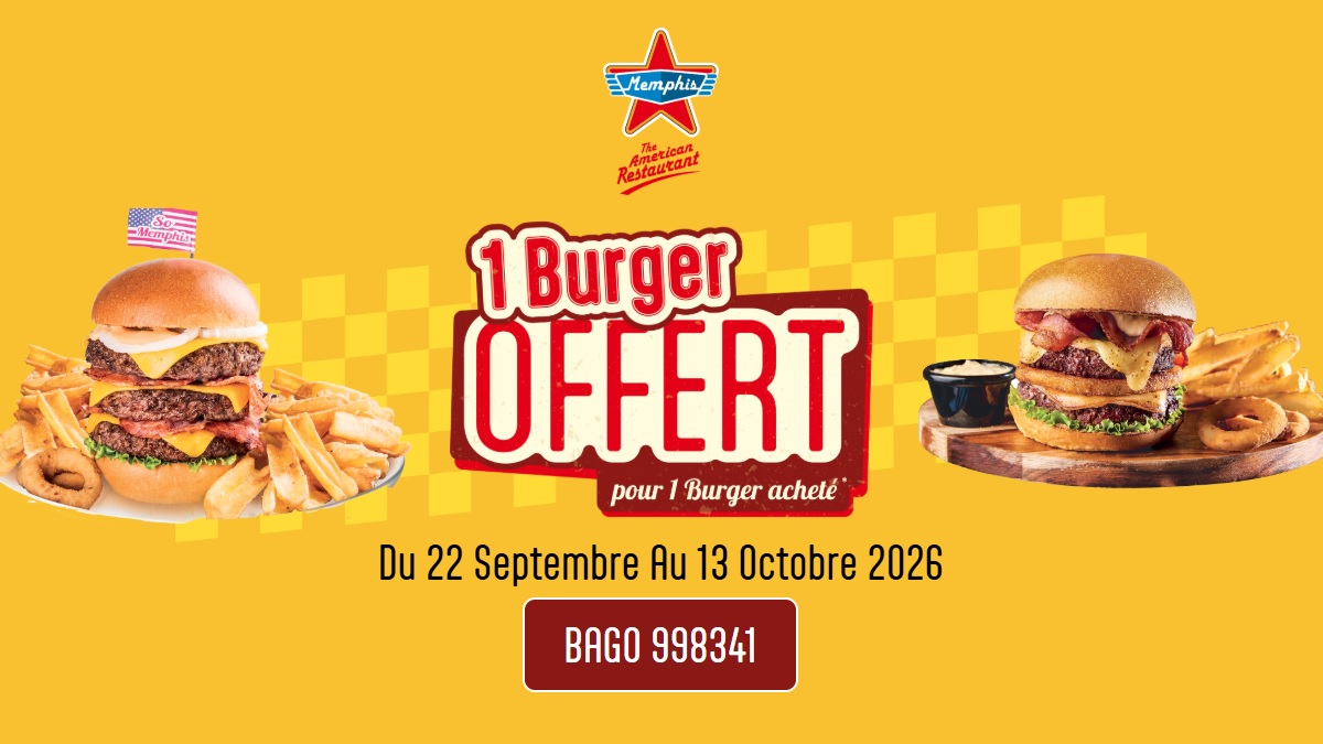 Bon plan: Memphis : 1 burger acheté = 1 offert avec le coupon, jusqu'au 13 octobre