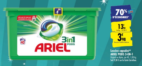 Promo lessive capsules Ariel chez Carrefour