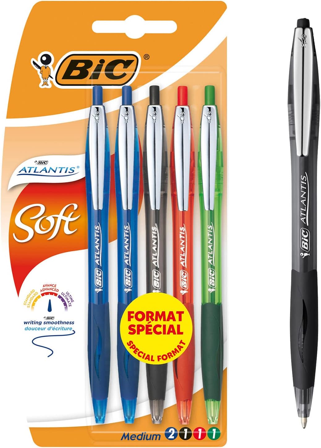 Lot de 5 stylos-bille rétractables BIC "Atlantis Soft" Pointe Moyenne (1,0 mm)
