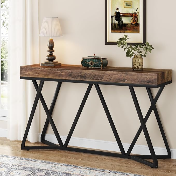 Table Console 140 cm - Table d'entrée en bois avec base en métal