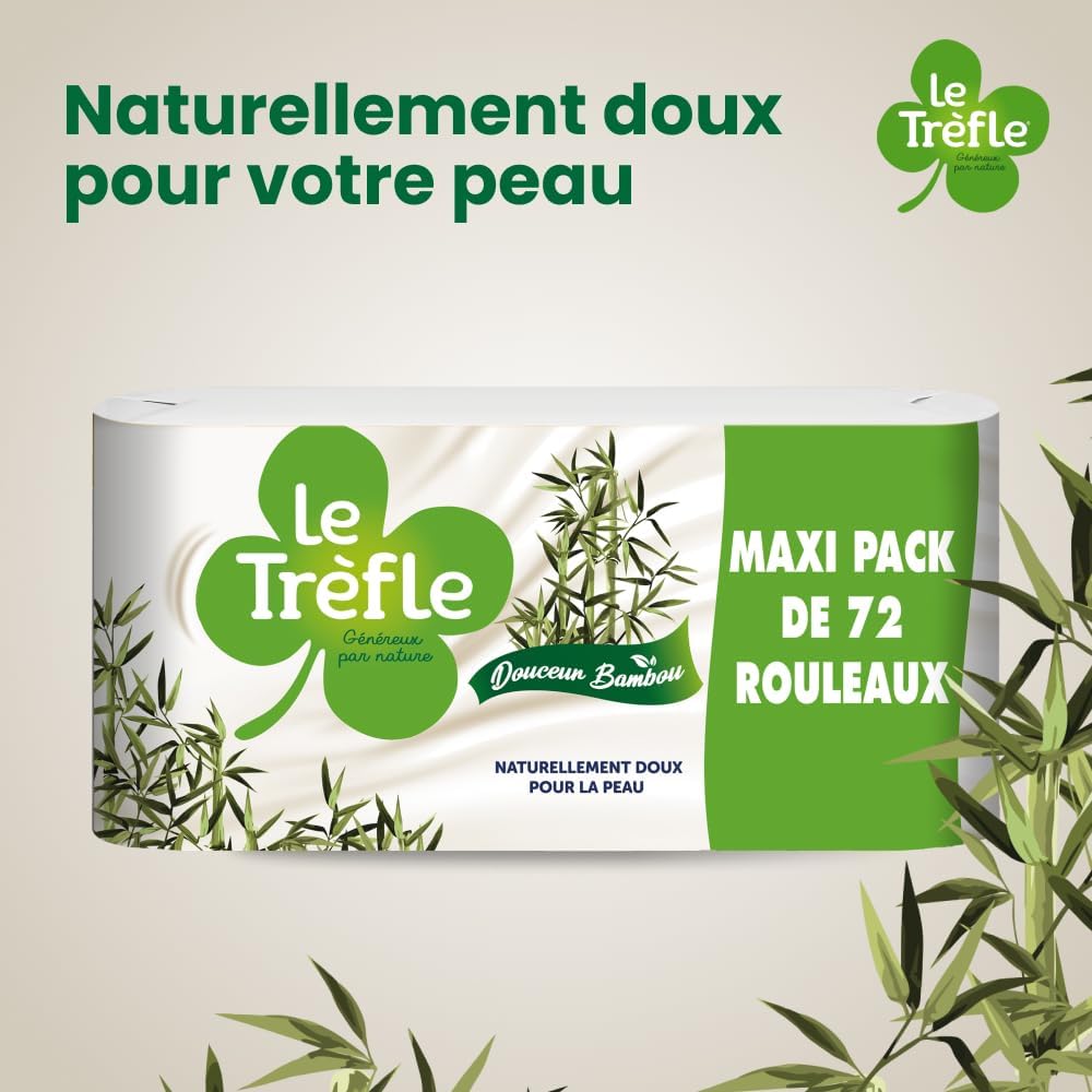 72 rouleaux de Papier Toilette Le Trèfle Douceur Bambou