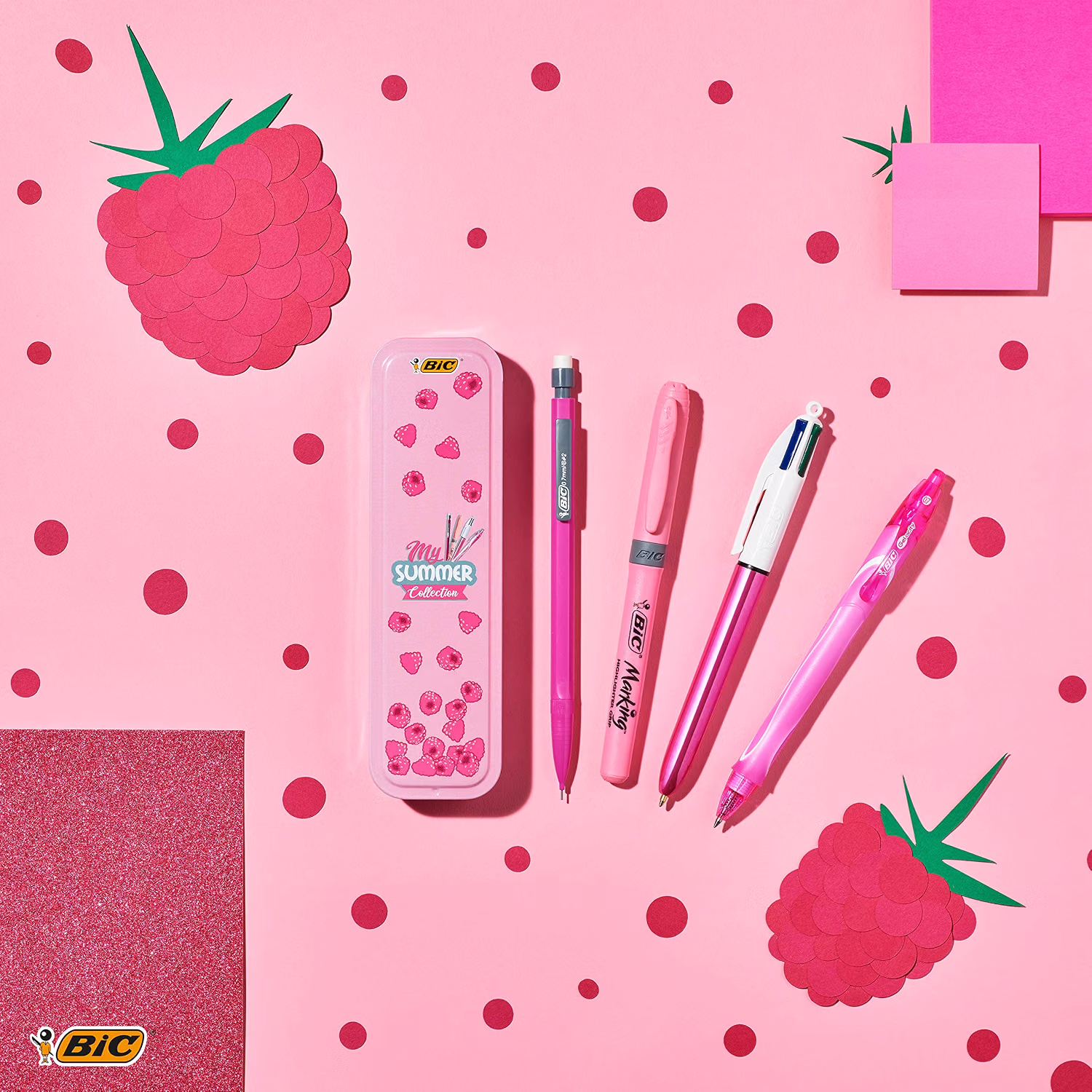 Coffret BIC Summer Pink Box : Stylo gel (0,7 mm), Porte-mines, Stylo bille 4 couleurs (1,00 mm), Surligneur - Rose - Lot de 4