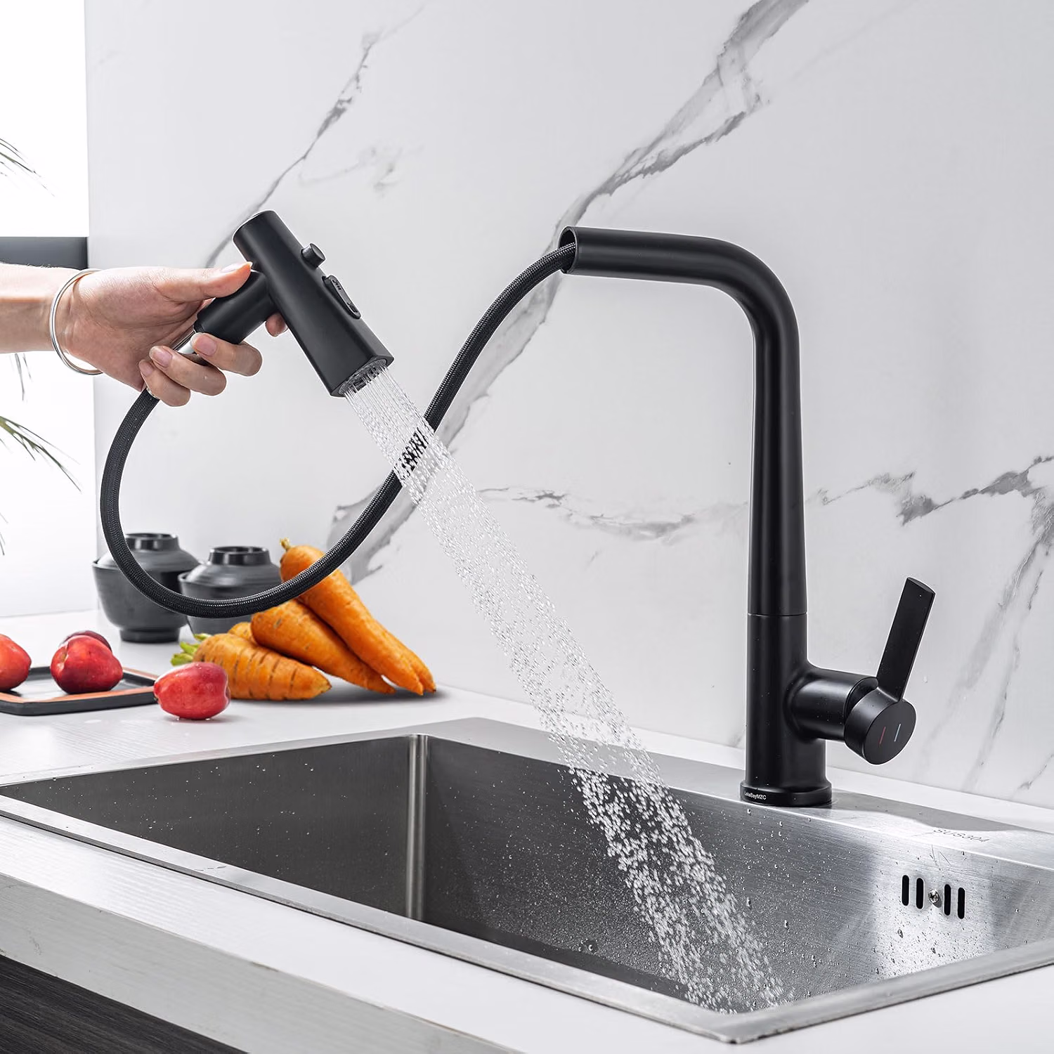 Robinet de Cuisine Douchette Noir avec Extractible - 3 Modes de Jets