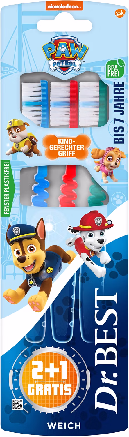 Brosse à dents douce Paw Patrol (2 pièces + 1 gratuit) - Poignée adaptée aux enfants