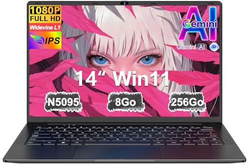 Ordinateur Portable 14 Pouces Celeron N5095 (jusqu'à 2,9 GHz) Win11 8Go 256Go SSD Extension 1To 5G WiFi FHD HDMl