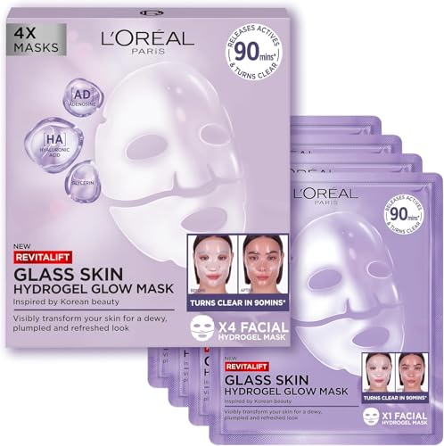 L'Oréal Paris Glass Skin Hydrogel - 4 boîtes de masques - Pour une peau repulpée et lumineuse, hydratant & lissant.