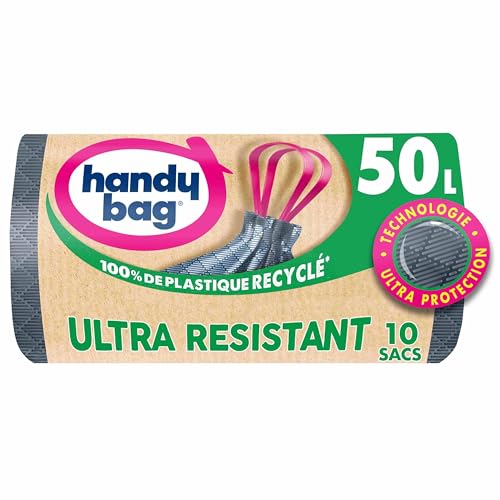 Handy Bag Sacs poubelle à poignées coulissantes - Ultra Résistant & Fond anti-fuite - Rouleau de 10 sacs poubelle 50L