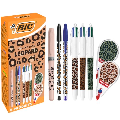 BIC et Tipp-Ex Collection Léopard - Stylos-Bille Pointe Moyenne (1,0 mm), Surligneur Pointe Biseautée, Rubans Correcteurs (6 m x 5 mm) - Motifs Aléato