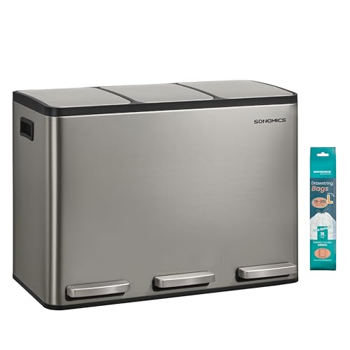 Poubelle de cuisine 3 x 15 L, Tri 3 Compartiments, avec 15 Sacs Poubelle, Seaux Amovibles
