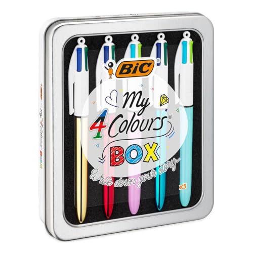 BIC 4 Couleurs "My 4 Colours Box", Pointe 1 mm, Boîte Métallique, Lot de 5