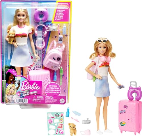 Barbie Coffret Voyage Malibu, Poupée de Voyage avec Plus de 10 Accessoires