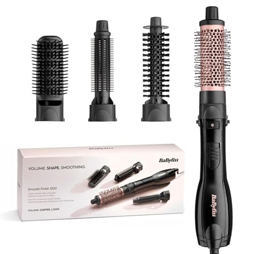 BaByliss Smooth Finish 1200 – Brosse Soufflante 4‑en‑1 pour Sécher, Lisser, Donner du Volume & Coiffer, 4 Accessoires