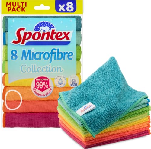 Spontex Microfibre Collection | Lot de 8 Chiffons de Nettoyage Multi-Usages, Lavables à 40 °C | 30 x 30 cm