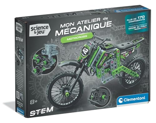Clementoni - Motocross - Coffret de Construction mécanique dès 8 ans - Plus de 180 Composants, système de Direction Fonctionnel et Pistons Mobiles