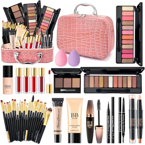 Coffret Maquillage Ado Femme Professionnel Complet avec Trousse, BB Crème, Fond Teint, Crayon Sourcils, Mascara, Palette à Yeux, Gloss