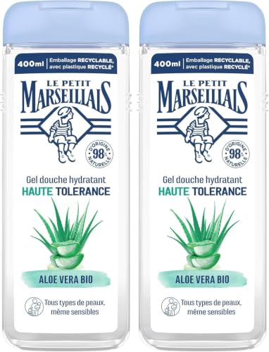Le Petit Marseillais, Gel Douche Hydratant Haute Tolérance Aloe Vera Bio - Lot de 2 flacons de 400 ml