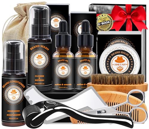 Coffret Soin Barbe Homme : Shampoing • Conditionneur • Huile • Baume • Roller • Shaper • Peigne • Brosse • Ciseaux • Sac de rangement