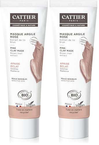Lot de 2 - CATTIER Masque Argile Rose bio - Douceur, Hydratant, Apaisant - 100ml