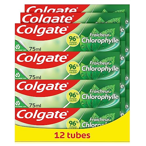 Lot 12 tubes de dentifrice Colgate, Dentifrice Fraîcheur Chlorophylle, Protection Émail, 12 x 75 ml