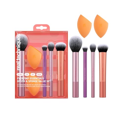 Real Techniques, 4 pinceaux maquillage + 2 éponges teint, application fond de teint, fard à joues, estompage précis, finition naturelle