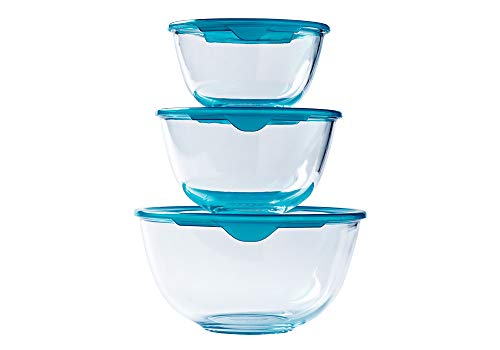 PYREX - Lot de 3 bols en verre résistants avec couvercle - 0,5L - 1L - 2L - Couvercles ergonomiques - Made in France