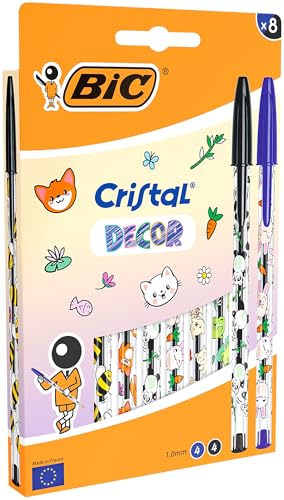 BIC Cristal Décors Kawaii Stylos-Bille à Pointe Moyenne (1,00 mm) Bleu et Noir - Motifs Kawaii Assortis - Pack de 8