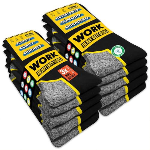 10 Paires Chaussettes de travail noires homme, mi-mollet | Technologie DRI-WIK d’évacuation de l’humidité | Talon et pointe renforcés