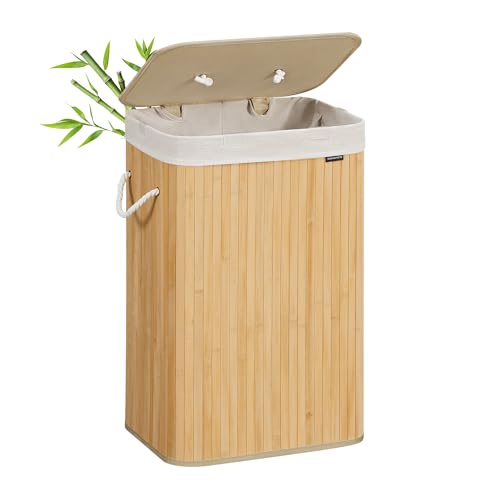 SONGMICS Panier à Linge avec Couvercle, 72 L, en Bambou, Pliable