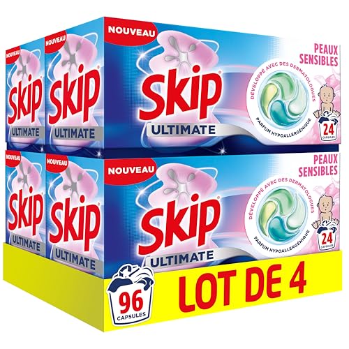 Skip - Capsules Lessive, Ultimate 4en1, Peaux Sensibles, 4x24 Lavages
