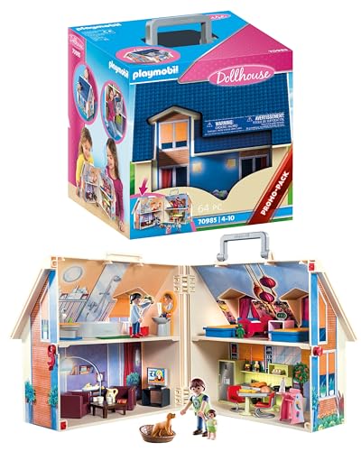 Playmobil 70985 Maison transportable - Dollhouse - avec Trois Personnages, Salle de Bains, Chambre, Salon et Cuisine - Tout équipée - La Maison Tradit