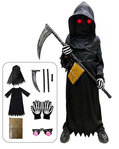 Deguisement Halloween Enfant - Déguisement Faucheuse Enfant avec Death Notebook, Lunettes Phosphorescentes, Faux et Gants (9-10 ans)