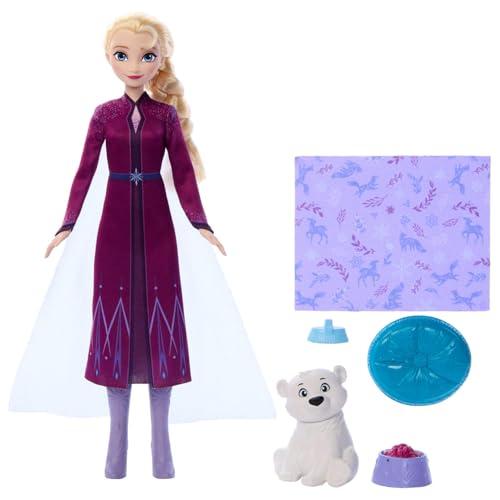 Mattel Disney La Reine des Neiges Poupée Elsa on et Ourson Polaire | 4 accessoires : lit animal & couverture, tresses