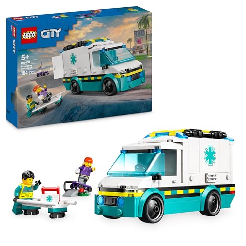 LEGO City L’Ambulance de Secours 60451 | Jouet pour garçon dès 5 ans, jeu interactif avec 2 minifigurines de skateuse et d’ambulancier, idée cadeau, 1