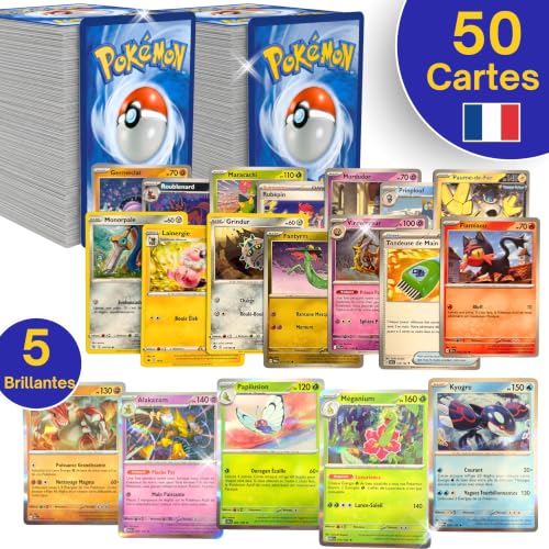 Lot de 50 Cartes Pokémon Officielles en Français - 5 Cartes Brillantes Incluses - 45 Cartes Communes - Cartes Authentiques - Lot Aléatoire pour Collec