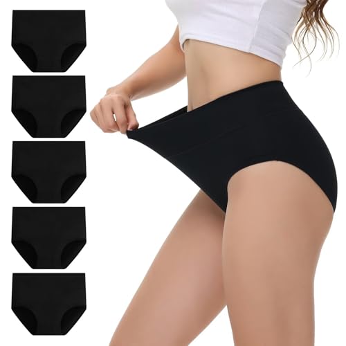 Lot de 5 Culottes Femme Coton Taille Haute Slip Femme Noir Culotte Ventre Plat - Noir M