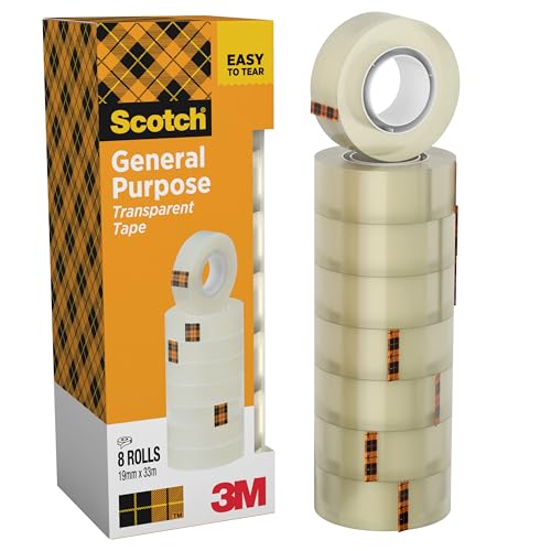 Scotch Ruban Adhésif Transparent, 8 Rouleaux, 19mm x 33m - Ruban Adhésif Transparent à Usage Général pour l'Ecole, la Maison et le Bureau (l'emballage