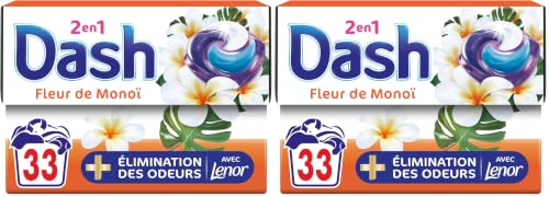 Lot de 2 - Dash 2en1 PODS, Lessive En Capsule, 33 Lavages, Parfum Fleur de Monoi.