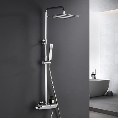 Colonne de douche avec robinetterie, acier inoxydable, pommeau pluie et mitigeur thermostatique, Chromée