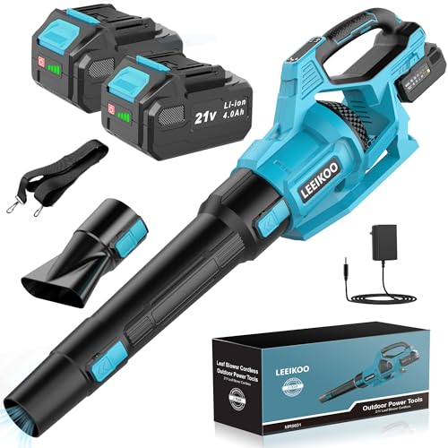 Souffleur Batterie, 21V Souffleur de Feuilles avec 2 Batteries 4,0Ah, 3 Vitesses, 2 Tubes de Soufflage, Sangle Souffleur à Batterie pour Nettoyage de 