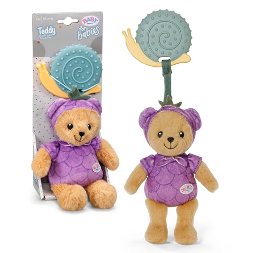 Anneau de dentition Teddy Ourson violet 18 cm | Hochet et papier bruissant, motif violet, lavable