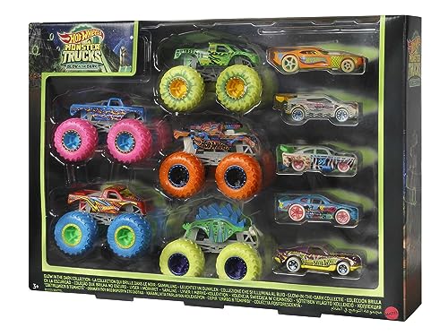 Hot Wheels Monster Trucks Coffret 10 Véhicules Phosphorescents | Lot de 10 véhicules à l'échelle 1:64, Phosphorescents : 5 camions, 5 voitures, jouets