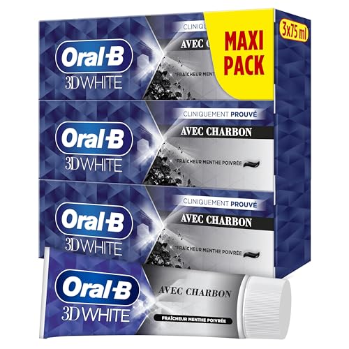 Oral-B Dentifrice Charbon 3D White Pour Effet Blancheur Dès Le Premier Brossage Des Dents, Pack De 3 x 75ml