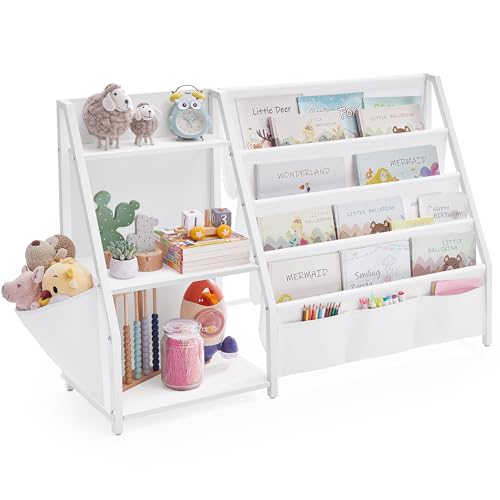 SONGMICS Bibliothèque pour Enfants, Meuble de Rangement pour Jouets, Organiseur de Livres, avec Pochette Latérale, Hauteur 75 cm, pour Chambre d’Enfan