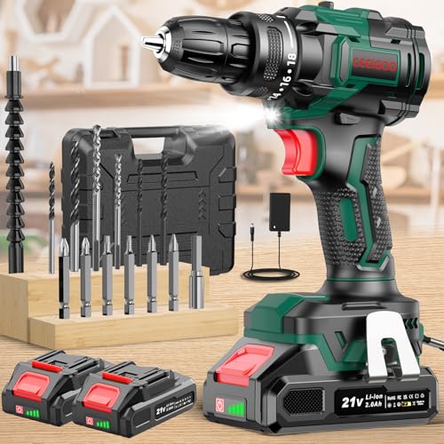 Perceuse Visseuse Sans Fil CEEIGOO 21V, Brushless, 2 Batteries 2,0Ah, 42N.m | 18+1 Réglages de Couple, 14 Accessoires, 2 Vitesses pour Projet de Brico