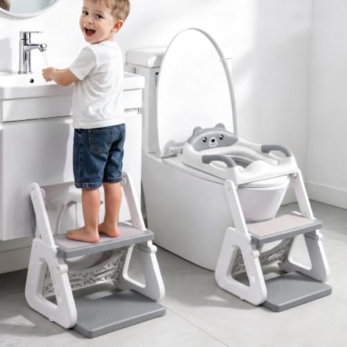 Reducteur Toilette Enfant, 2 en 1 Rehausseur Toilette Enfant, Gris | Pédale Allongée et Coussin Moelleux, Antidérapant et Pliable, Garçons / Filles