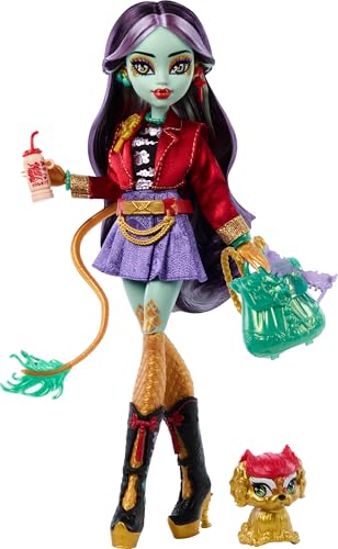 Monster High Poupée Jinafire Long avec Son Chien | Poupée dragon avec chien Cloudy "Yun Yun" et 7 accessoires : bloc de dessin, yaourt à boire, sac à 