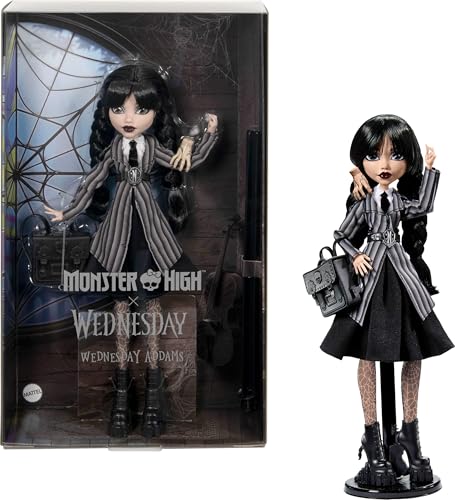 Monster High x Poupée Mercredi Addams | Poupée de collection Mercredi en tenue noire de Nevermore Academy avec La Chose, sac à dos, socle, HXJ04