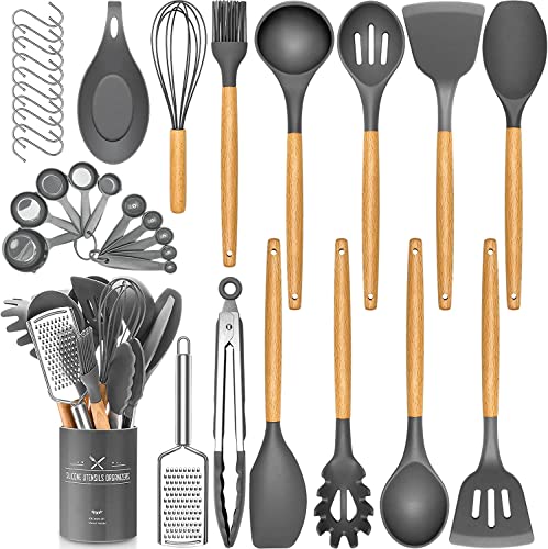 Batterie de cuisine 34 pièces en silicone résistant à la chaleur avec poignées de qualité, spatules antiadhésives, ustensiles de cuisine pour la cuiss