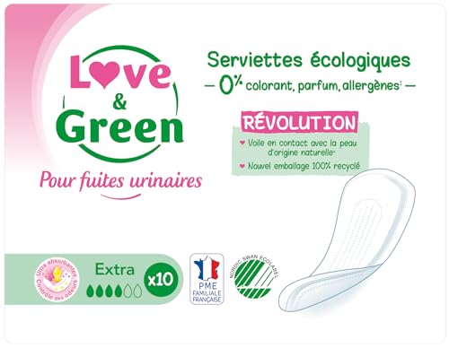 Love & Green - Serviettes IncontinenceFuites urinaires - Protections absorbantes pour fuites urinaires légères à modérées - EXTRASUPER - Lot de 2 X 10